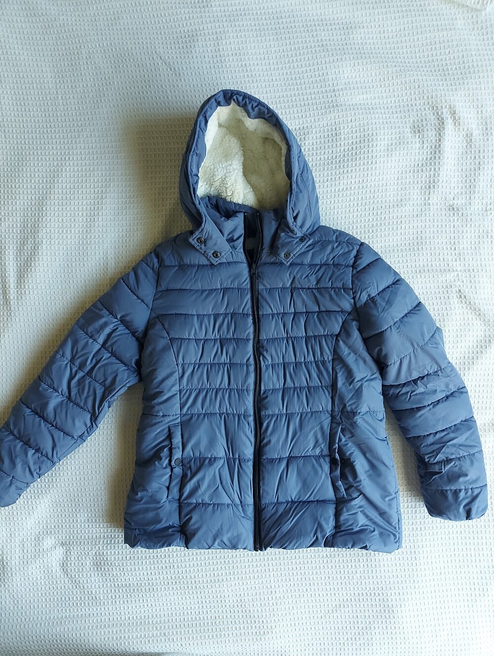 Blue Hooded Puffer Jacket with Sherpa Lining